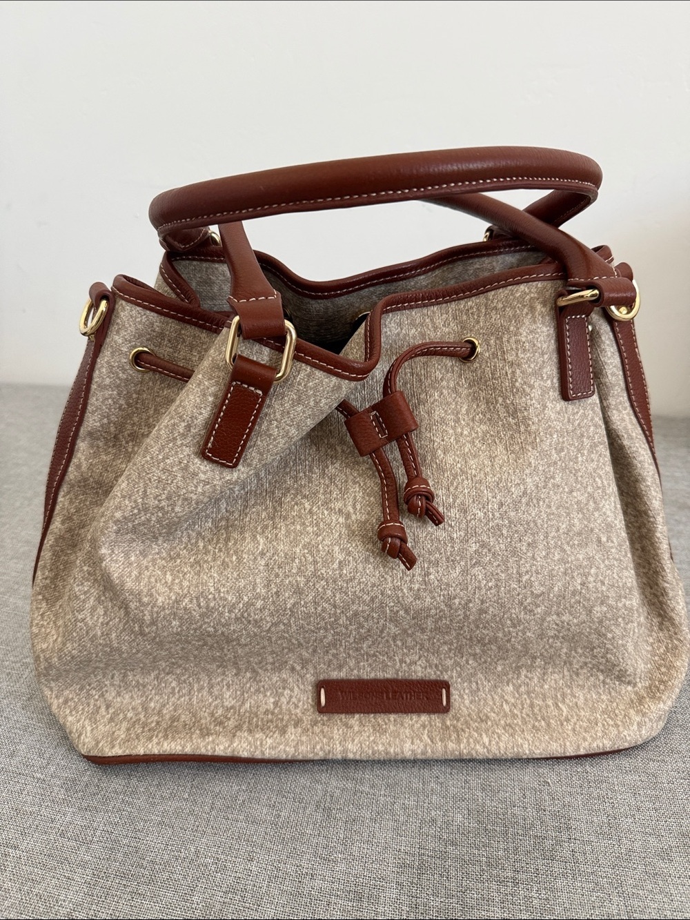 Wilsons Leather Beige and Brown Drawstring Shoulder Bag
